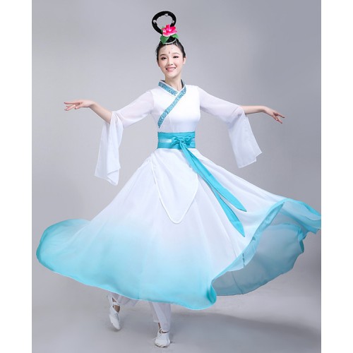 Women's chinese folk ancient traditional classical dance dresses pink blue gradient colored fairy drama cosplay photos dresses costumes